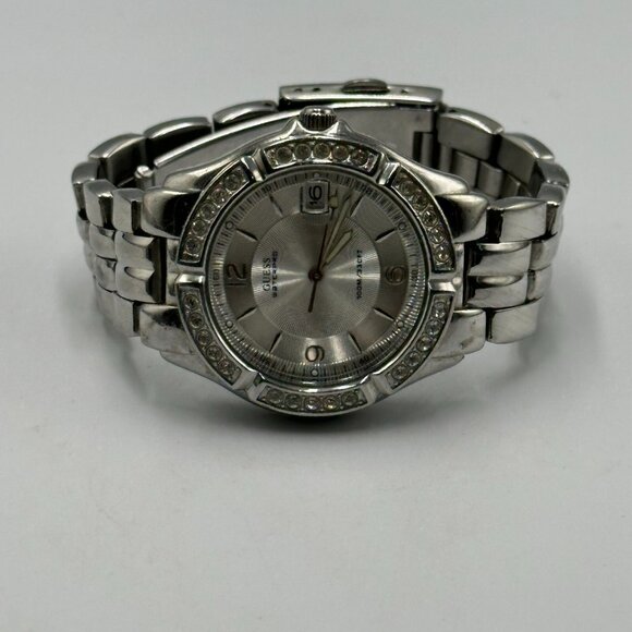 Guess Waterpro Watch Women Silver Tone Crystal Bezel Date Window 34MM Dial 6.25" - Picture 4 of 10